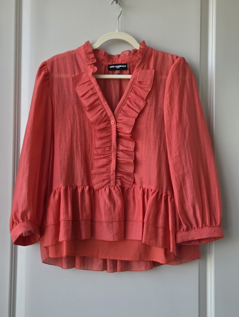Karl Lagerfeld Coral Ruffle Peplum Top